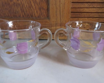 Bartlett Collins Sugar & Creamer - 1950's Gay Fad Design - Hand Painted Tulips - Gold Accents - Clear Glass - Frosted Glass Band - #1882