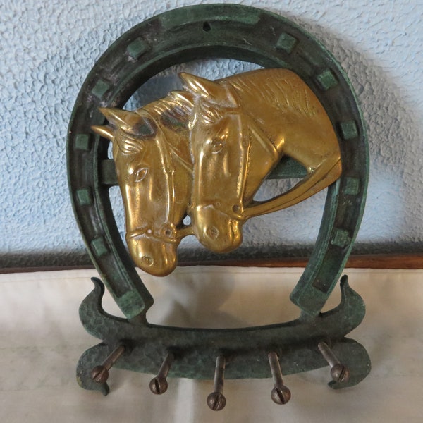 Horses and Horseshoe Key Holder - Cast Brass Horses on Cast Iron Horse Shoe - Key or Dog Leash Holder - Rustic Equine Decor - #1155