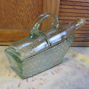 Vintage Wine Decanter - Green Tinted Glass Wine Bottle with Handle in &quot;Basket&quot; - Cork Stopper - 1960&#39;s Barware - #1750