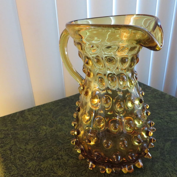 Vintage Amber Hobnail Pitcher - Small Heavy Golden Yellow Spiked Pitcher - Beautiful Collectible Glass - Repurpose for Vase - #1202