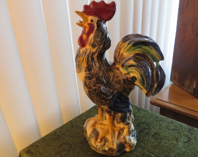 Large Vintage Rooster Majolica Chicken in Vibrant Colors Heavy Ceramic