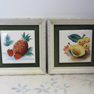 Vintage Framed Fruit Tiles - 1940&#39;s - 1950&#39;s Tropical Fruit Tiles for Mid Century Kitchen Decor - Tropical or Hawaiian Wall Decor - #1322