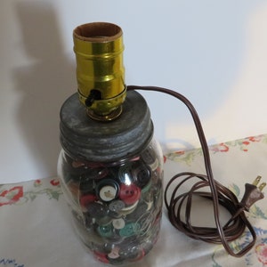 Canning Jar Lamp - Antique Drey Perfect Mason Jar - 1910&#39;s - 1920&#39;s Jar with Lamp Adapter - Filled to Rim with Old Buttons - #1353