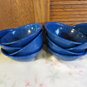 Eight Enamelware Bowls - Blue & White Speckled Graniteware Bowls - Advertising Collectible from Watkins Co 1990&#39;s - Camping - Picnic - #1796