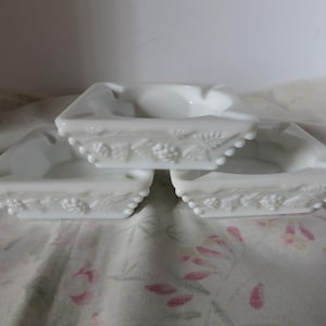 Three 1960's Ashtrays - Westmoreland White Milk Glass Ash Trays - Pretty Paneled Grape Design - Set of Three Small Ashtrays - #1608
