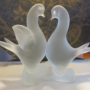 Large Satin Love Birds - Heavy Pair of Solid Frosted Glass Doves on a Tree Branch - Vintage Collectible Bird Figurines - #1224