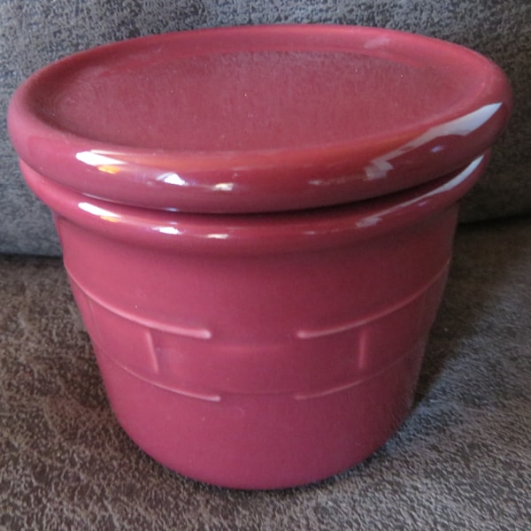 Longaberger Paprika Red Color Salt Crock - Lid / Coaster - Woven Traditions Pattern - Cheese - Jam - Salsa - Stoneware Pottery Crock - #1130