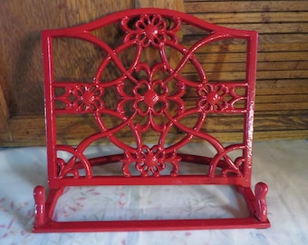 Red Cast Iron Cookbook Stand - Ornate Floral Design - Holds Large Cookbooks, Magazines and Tablets - #1880
