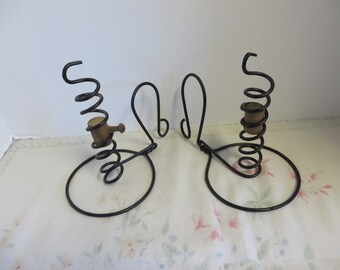 Two Courting Candlestick Holders - Pair of Spiral Twisted Wire Candleholders with Wood "Candle Raisers" - Cabin - Primitive Decor - #1478