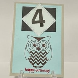 Handmade 4th Birthday Card with Envelope, 4 Birthday, Fourth, Owl, Green