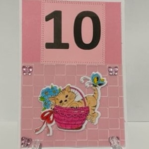 Handmade 10th Birthday Card with Envelope, 10 Birthday, Tenth, Kitten, Cat, Pink