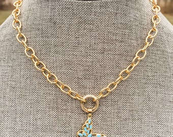 Butterfly charm necklace with cz ring clasp