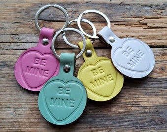 Handmade Leather 'Love Hearts' Keyring: Valentines Gift, Key Fob