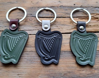 Handmade Leather Irish Harp Keyring: Celtic Emblem Gift
