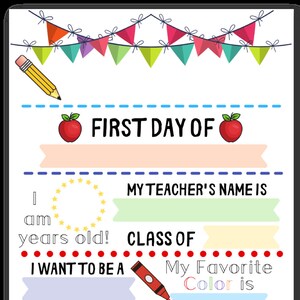 Puede incluir: Un cartel imprimible para el primer día de escuela con una manzana roja, un lápiz y un crayón. El cartel tiene espacios para rellenar el nombre del estudiante, la edad, el nombre del maestro, el grado, el color favorito y la fecha.