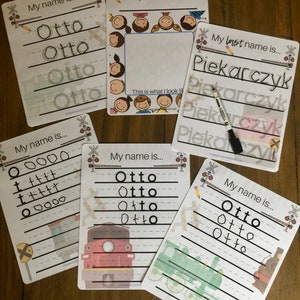 May include: Six printable worksheets for practicing writing the name Otto. The worksheets feature a train theme with a red and green train on each page. The worksheets include lines for tracing the letters and a space for writing the full name. One worksheet features a space for drawing a self-portrait.