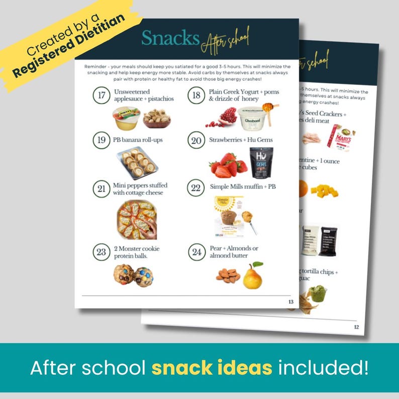 May include: Two-page document with after-school snack ideas. The first page lists snacks like unsweetened applesauce with pistachios, PB banana roll-ups, and mini peppers with cottage cheese. The second page includes Greek yogurt, strawberries, and pear with almonds.
