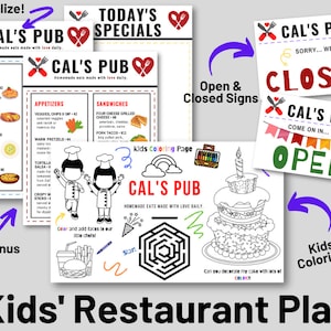 Kids Restaurant Play | Pub Menu Personalized with Name | Open & Closed Signs | Kids Menu Coloring Sheets