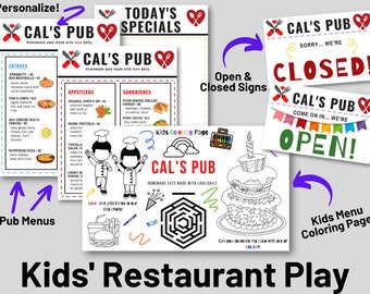 Könnte beinhalten: Ein druckbarer Satz von Restaurant-Spielzeug für Kinder, bestehend aus einer Speisekarte, Hinweisschildern für geöffnet und geschlossen sowie einer Malvorlage. Die Malvorlage zeigt ein Labyrinth, einen Koch und eine Geburtstagstorte. Der Text auf den Schildern lautet "Cal's Pub" und "Homemade eats made with love daily."