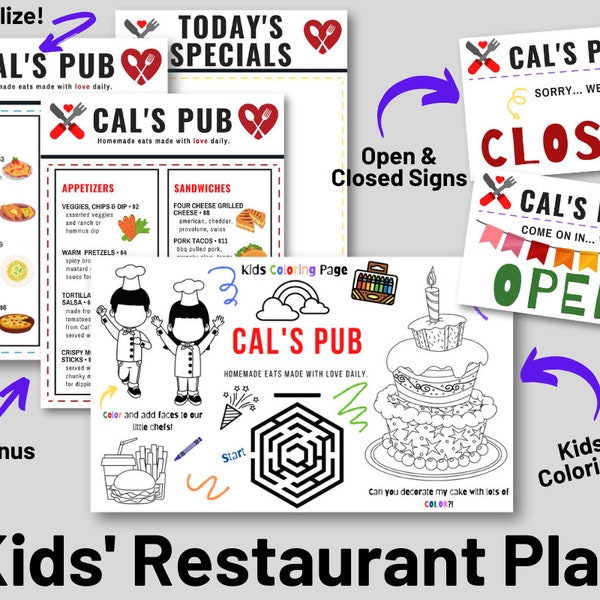 Kids Restaurant Play | Pub Menu Personalized with Name | Open & Closed Signs | Kids Menu Coloring Sheets