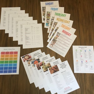 Puede incluir: Un conjunto de documentos de planificación de comidas para una semana, que incluye un plan de comidas, una lista de compras y recetas para platos como pasta con lazo con salsa naranja, fajitas de carne asada cremosas y ravioles de espinacas. Los documentos están impresos en papel blanco y tienen encabezados coloridos.