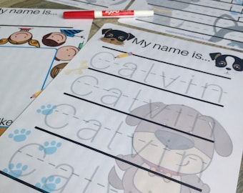 Apagamento a seco Aprenda a escrever planilhas de prática de meu nome, tema de cachorrinho