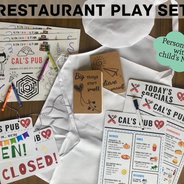 Kids Restaurant Play Set| Personalized Pub Menu | Kids Apron, Chef Hat, & Notebook