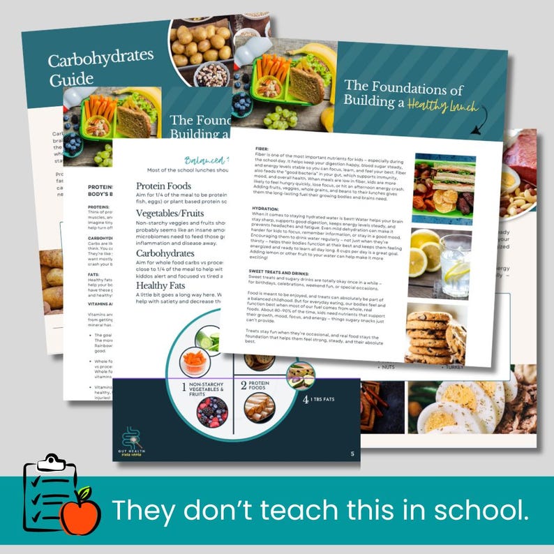 May include: A stack of educational pamphlets with the titles "Carbohydrates Guide" and "The Foundations of Building a Healthy Lunch." The pamphlets feature images of healthy food and text. The phrase "They don't teach this in school" is at the bottom.