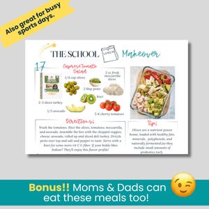 May include: A white paper with a Caprese Tomato Salad recipe, including ingredients like turkey slices, olives, mozzarella, and kiwi. The text says "Also great for busy sports days."