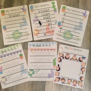 May include: A collection of white name tracing practice sheets with colorful illustrations of cacti, llamas, and flowers. The sheets include prompts like "My name is..." and "My first name is..." with dotted lines for writing.