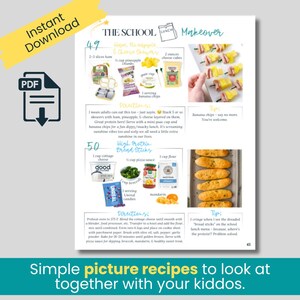 May include: A PDF document with a school lunch makeover theme. The page includes recipes for ham, pineapple, cheese skewers, and high-protein breadsticks. Text includes "Instant Download" and "Simple picture recipes to look at together with your kiddos."