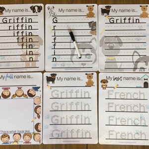 May include: Six printable worksheets for kids to practice writing their name. The worksheets feature a dog theme and have lines for tracing letters. The text on the worksheets includes "My name is...", "My full name is...", and "My last name is...".