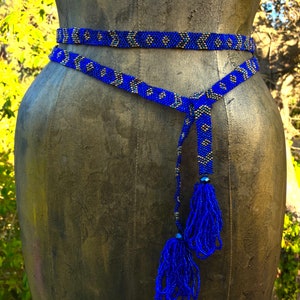 Multi Use Beaded Belt, Hat Band or Scarf Handcrafted with Eco-Friendly Glass Seed Beads in a Classic Navajo Pattern in Blue or White