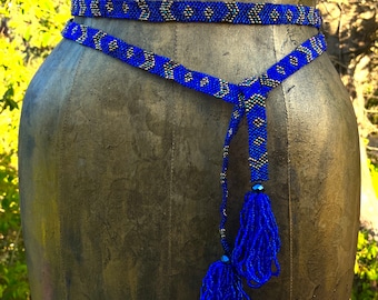 Multi Use Beaded Belt, Hat Band or Scarf Handcrafted with Eco-Friendly Glass Seed Beads in a Classic Navajo Pattern in Blue or White
