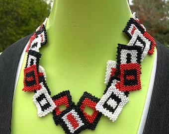 AvantGarde Cubist Choker Statement Necklace Handcrafted with Peyote Stitch Beading  Black White and Red Maximalism in Layers and Textures