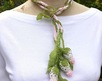 Rose Buds Beaded Belt or Lariat Necklace Handcrafted in Glass Beads