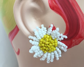 Shasta Daisy Seed Bead Earrings: Whimsical Wedding Jewelry, Surgical Steel