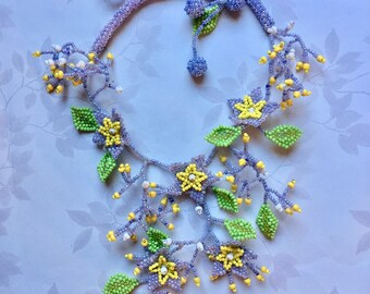 French Beaded Starflower Necklace: Pale Blue Boho Jewelry