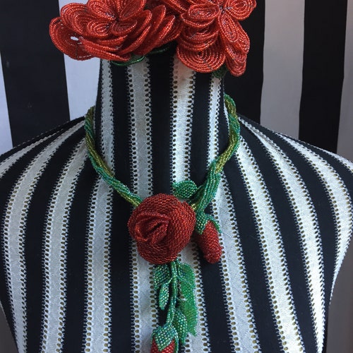 A Fairy-Tale Shimmering Red Damask Rose Bead Necklace Symbolic shops in the Poetry of Flowers for I Love You and the Trailing Rosebud for Beauty.