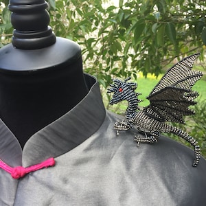 Hand Beaded Dragon Pin: Metallic Gray French Wire Wings, Red Eyes