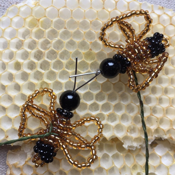 A Whimsical Buzzing Bee on a Stem Handcrafted Glass Bead Floral Pick French Beaded for your Fairy Garden or Fresh Floral Arrangement