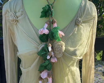 Long Beaded Belt or Necklace One of a Kind Handcrafted as Fuchsia Flowers