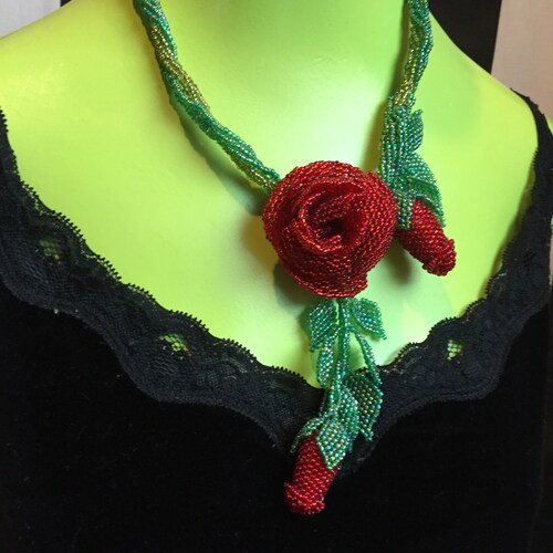 A Fairy-Tale Shimmering Red Damask Rose Bead Necklace Symbolic shops in the Poetry of Flowers for I Love You and the Trailing Rosebud for Beauty.