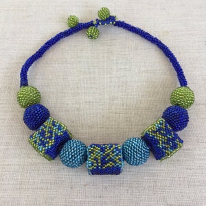 Modern Geometric Statement Necklace Handcrafted in Eco-Friendly Glass Seed Beads using Peyote Stitch over Handcarved Wooden Beads image 3