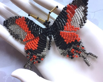 Butterfly Pin  A Dramatic Spice Bush Red & Black Swallowtail  Handcrafted with Glass Seed Beads Realistic Statement Pin for the Nature Lover