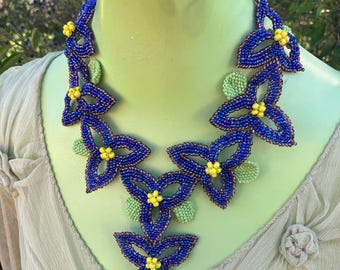 Unique Handcrafted Floral Statement Necklace made with eco-friendly glass seed beads