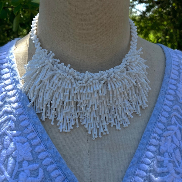 Retro Inspired Fringe Statement Necklace A Dramatic Choker in White, Blue or Gold Handcrafted in Eco-Friendly Glass Tube and Seed Beads