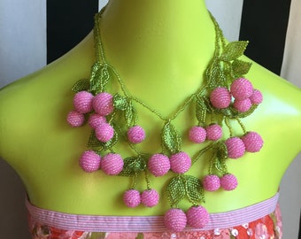 Hot Pink Glass Beaded Berry Necklace: Whimsical Statement Bib