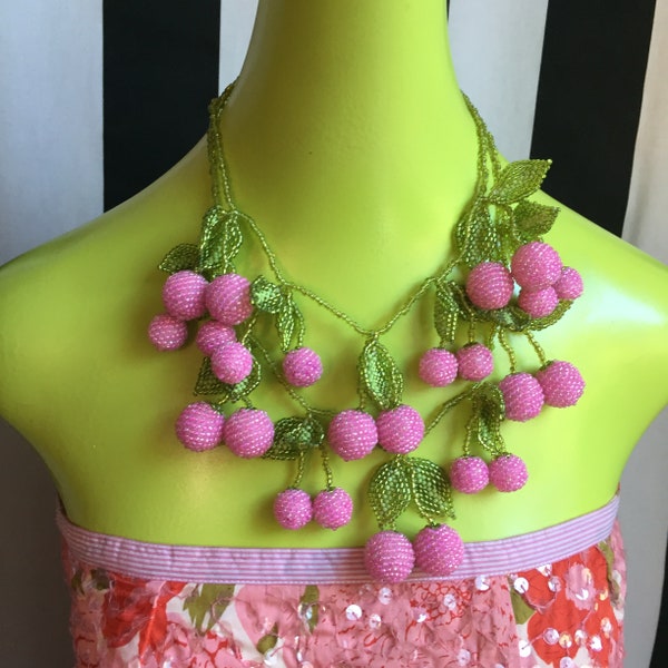 A Retro Hot Pink Glass Beaded Berries Layered Necklace For a Whimsical & Nostalgic Statement Bib Like Necklace