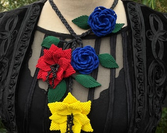 Handcrafted Macrame Flower Garden Maximal Statement Necklace in Colorful Eco-Friendly Cotton with Glass Bead Accents